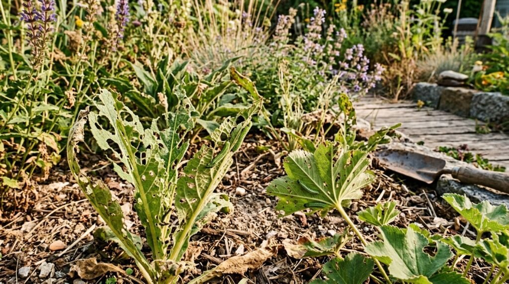 Raupenfraß im trockenen Garten – diese Pflanzen solltest du regelmäßig kontrollieren Raupen fressen Löcher in Blätter eines trockenen Gartens und hinterlassen feine Gespinste