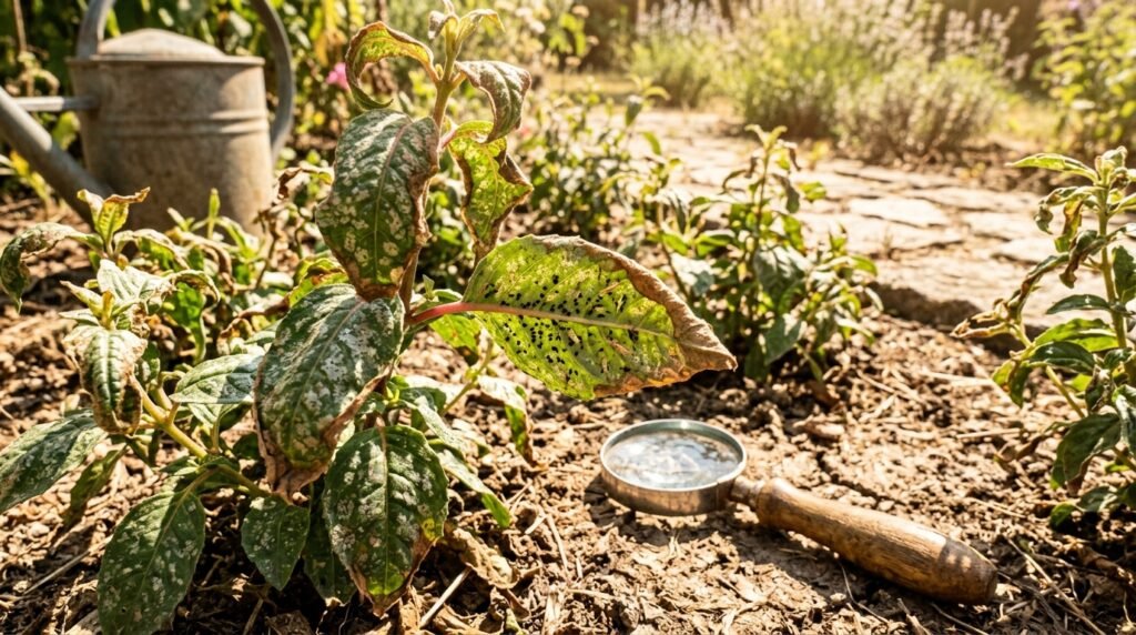 Thripse hinterlassen silbrige Fraßspuren und schwarze Kotpunkte auf geschwächten Gartenpflanzen.