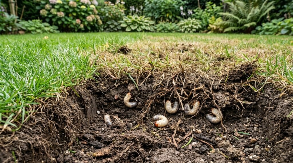 Engerlinge unter einer geschwächten Rasenfläche im Garten erkennen und richtig beurteilen