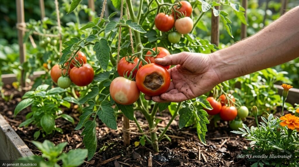 Calciummangel oder falsches Gießen? So erkennst du die Ursache der Blütenendfäule bei Tomaten Tomaten mit dunklen, eingesunkenen Flecken an der Blütenseite als Anzeichen von Blütenendfäule