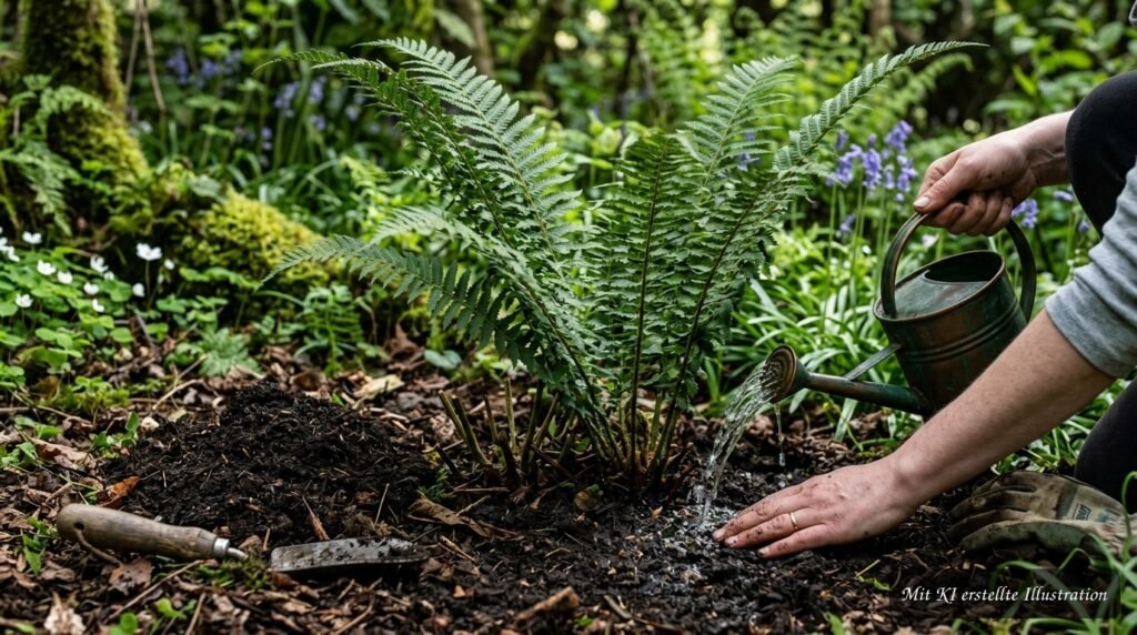 Schildfarn (Polystichum setiferum) – Pflege, Standort und Eigenschaften des immergrünen Farns Schildfarn (Polystichum setiferum) im Beet mit dichtem, immergrünem Wedelwerk