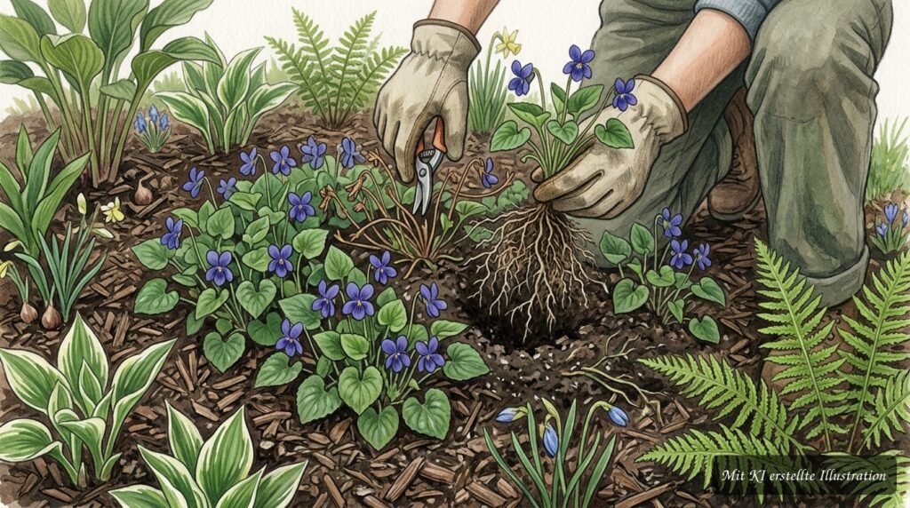 Amerikanisches Veilchen im Garten mit zarten Blüten im Frühjahr – Tipps, um seine Ausbreitung einzudämmen