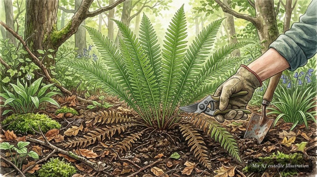 Rippenfarn (Blechnum spicant) mit charakteristischer Wuchsform im schattigen, feuchten Gartenbeet