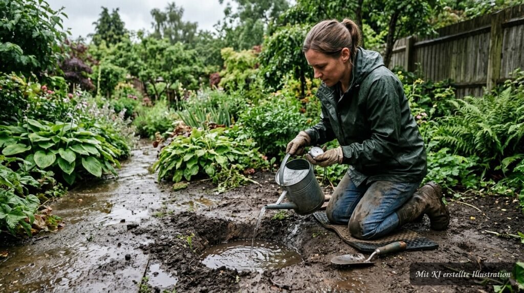 Messung der Bodendurchlässigkeit im Garten mit einem mit Wasser gefüllten Testloch