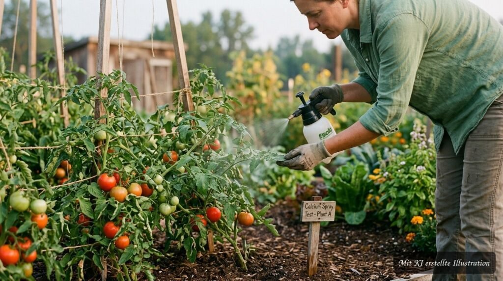 Tomatenpflanzen werden mit calciumhaltigem Blattdünger besprüht, um die Nährstoffversorgung gezielt zu unterstützen.