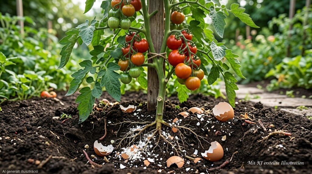Zerkleinerte Eierschalen im Pflanzloch einer Tomate zeigen ihre langsame Zersetzung im Gartenboden.