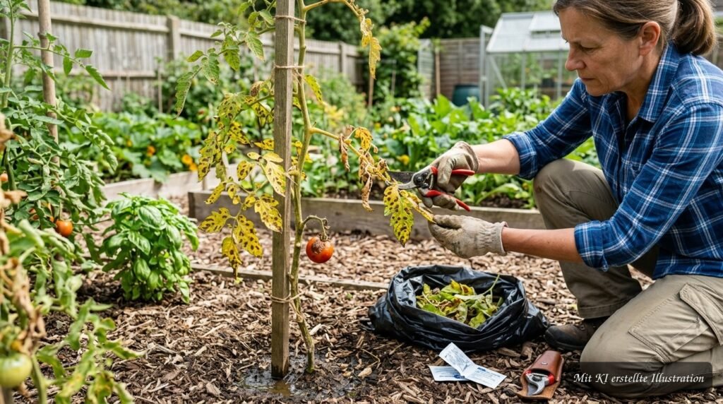 Von Krautfäule befallene Tomatenblätter mit braunen Flecken und ersten Schäden an der Pflanze