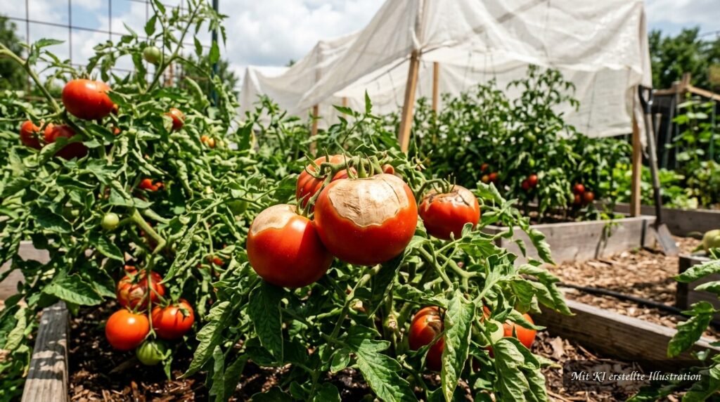 Tomaten mit braunen Sonnenbrandflecken an den Früchten unter intensiver Sonne