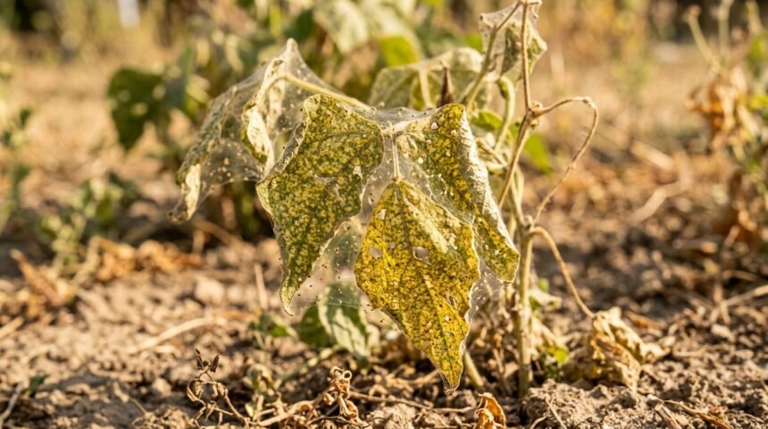 Spinnmilbenbefall an trockenen Gartenpflanzen während heißer Sommerperiode erkennen und behandeln