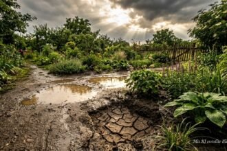 Starkregen sammelt sich auf Beeten, während trockener Boden Wasser nicht tief genug aufnimmt