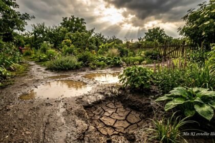 Starkregen sammelt sich auf Beeten, während trockener Boden Wasser nicht tief genug aufnimmt