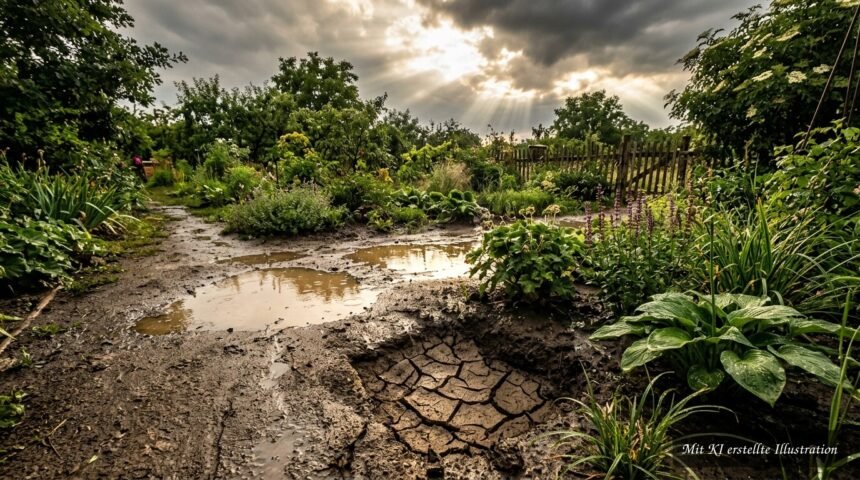 Starkregen sammelt sich auf Beeten, während trockener Boden Wasser nicht tief genug aufnimmt
