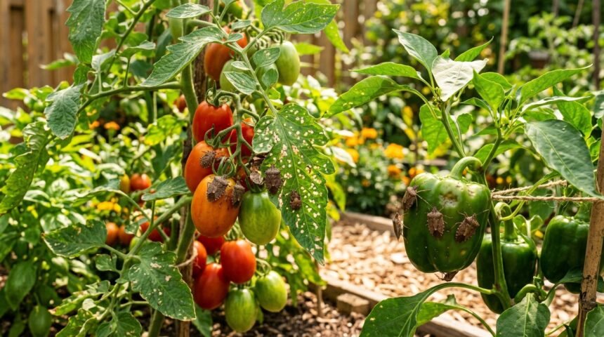 Stinkwanzen sitzen bei sommerlicher Hitze auf Tomaten- und Paprikapflanzen