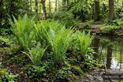 Straußenfarn mit leuchtend grünen Wedeln an einem schattigen Gartenstandort