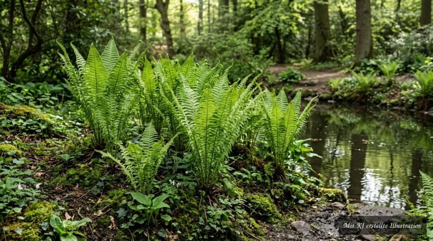 Straußenfarn mit leuchtend grünen Wedeln an einem schattigen Gartenstandort