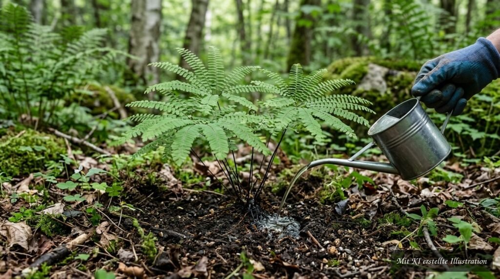 Pfauenradfarn mit fächerförmigen Wedeln in feuchter, humusreicher Erde