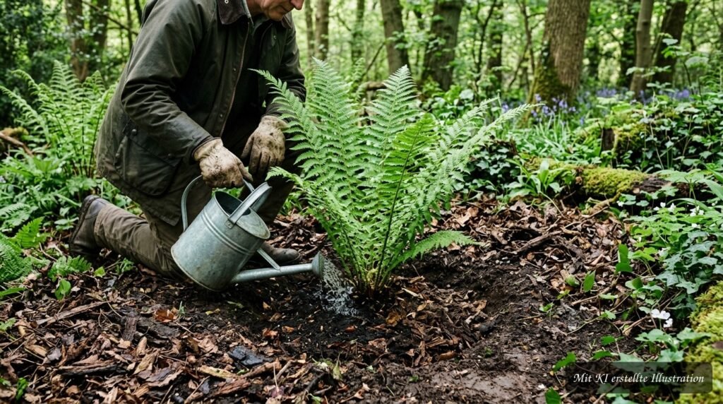 Wurmfarn (Dryopteris filix-mas) im schattigen Gartenbeet mit frischem, dichtem Wedelwerk