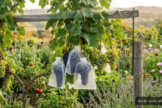 Reife Weintrauben im Garten werden mit Netzen schonend vor Wespen und Vögeln geschützt