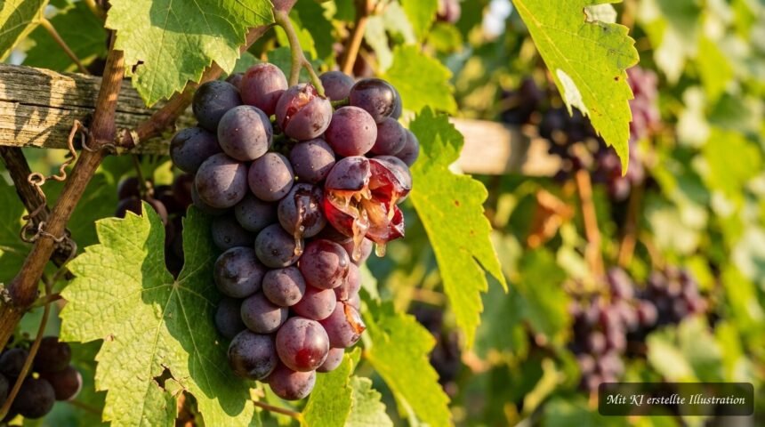 Trauben platzen im Spätsommer – diese Ursachen stecken häufig dahinter Aufgeplatzte Weintrauben am Rebstock im Spätsommer mit sichtbaren Rissen und saftigem Fruchtfleisch