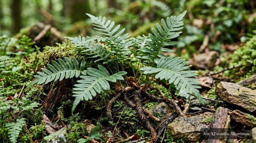 Tüpfelfarn mit immergrünen Wedeln in einem schattigen heimischen Gartenbereich
