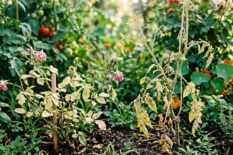 Blattläuse besiedeln eine sichtbar geschwächte Pflanze im Garten