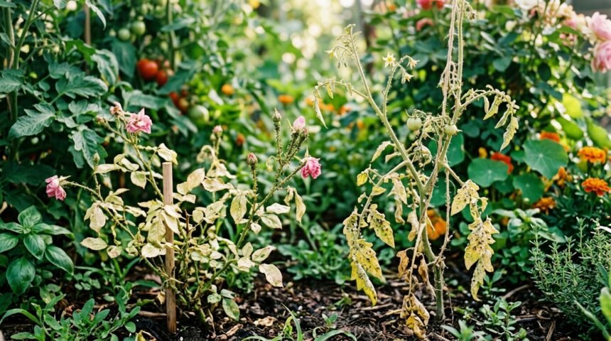 Blattläuse besiedeln eine sichtbar geschwächte Pflanze im Garten