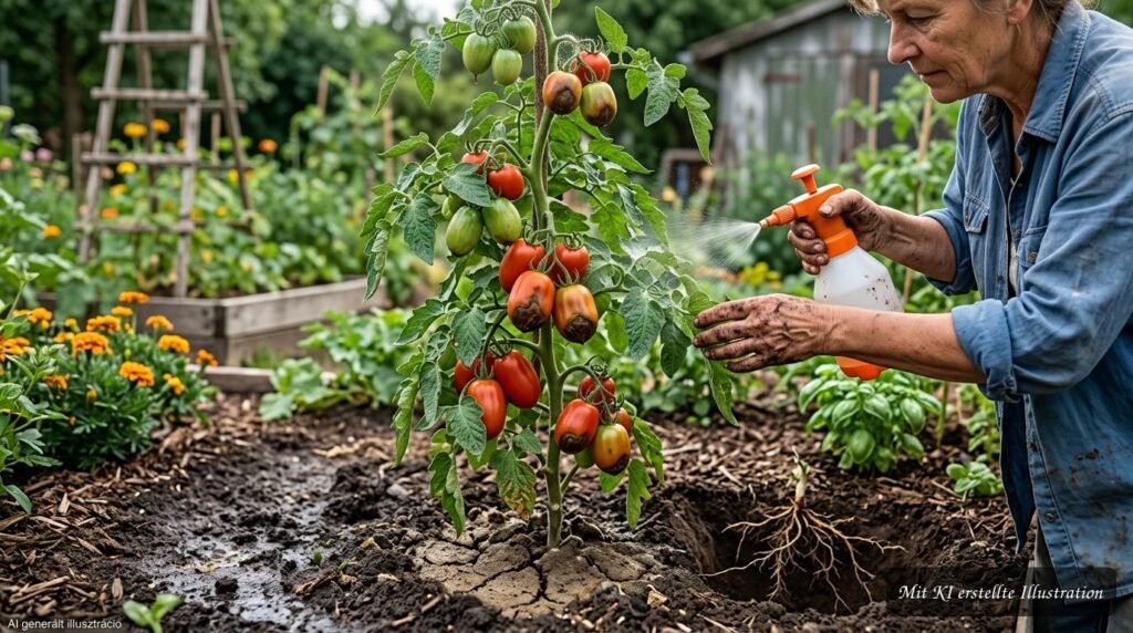 Tomaten mit braunen Flecken durch Blütenendfäule neben Calcium-Blattdünger im Garten