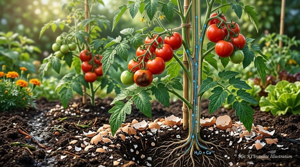 Eierschalen werden als Calciumquelle in ein Pflanzloch für Tomaten gegeben.