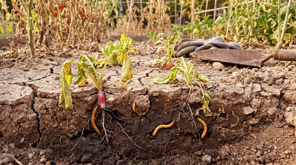 Drahtwurm zwischen trockenen Erdklumpen im Gemüsebeet bei sommerlicher Hitze