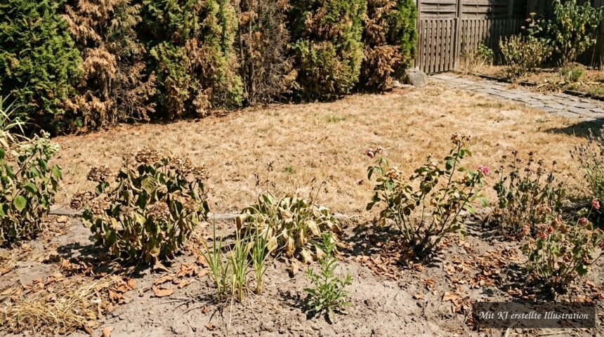 Was hat der heiße Sommer im Garten angerichtet? Rasen vertrocknet, Thuja braun und viele Pflanzen unter Hitzestress Vertrockneter Rasen, braune Thuja und hitzegestresste Pflanzen nach heißem Sommer