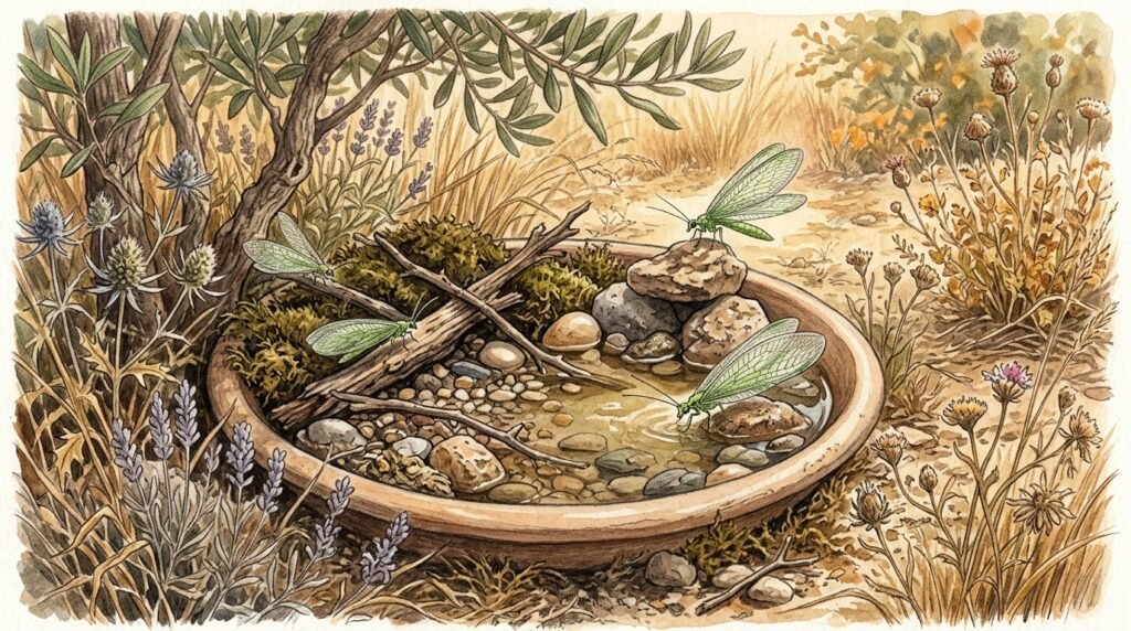 Kleine Wasserstelle im Garten unterstützt Florfliegen während trockener Sommermonate