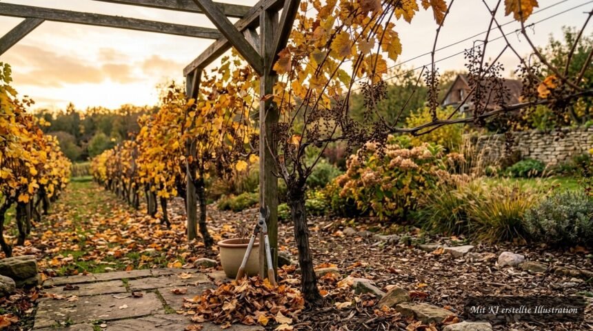 Weinreben im Herbst nach der Ernte mit goldenen Blättern und geschnittenen Ruten