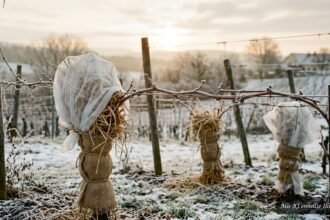 Junge Weinreben werden mit Stroh und Vlies vor Frost und eisigem Wind geschützt