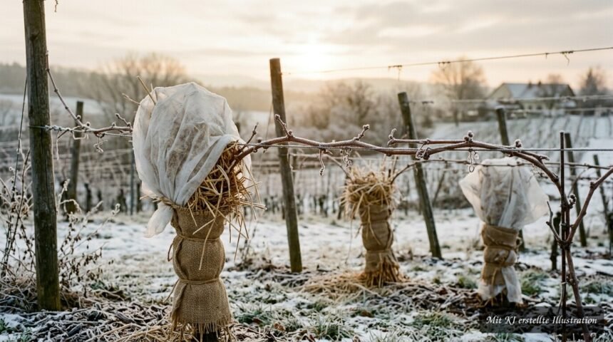 Weinreben winterfest machen – so schützt du junge Pflanzen vor Frost und Kälte Junge Weinreben werden mit Stroh und Vlies vor Frost und eisigem Wind geschützt