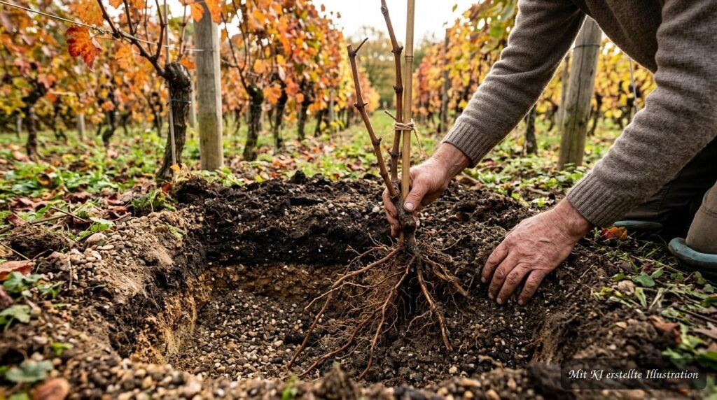 Junge Weinreben werden im Herbst in lockeren, gut drainierten Boden gepflanzt.