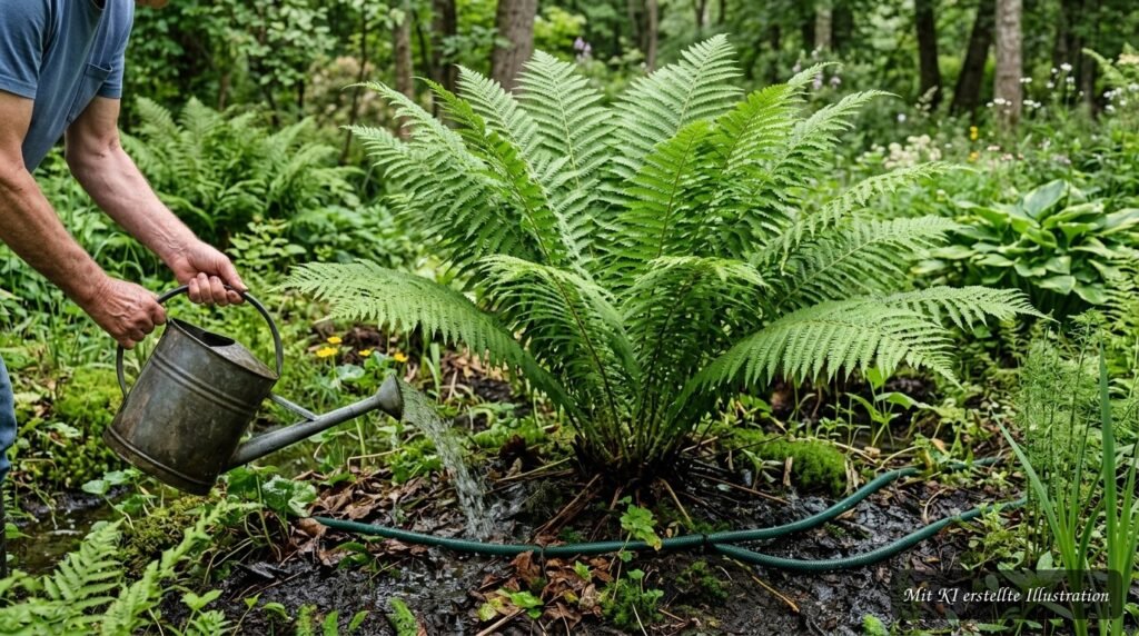 Königsfarn (Osmunda regalis) im Garten mit feuchtem Boden für eine optimale Wasserversorgung