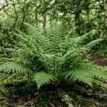 Grüner Wurmfarn mit gefiederten Wedeln in einem schattigen, naturnahen Gartenbeet