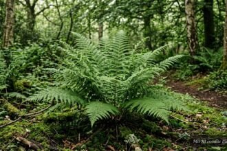 Grüner Wurmfarn mit gefiederten Wedeln in einem schattigen, naturnahen Gartenbeet