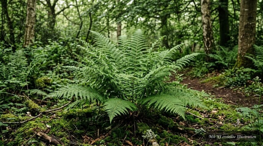 Grüner Wurmfarn mit gefiederten Wedeln in einem schattigen, naturnahen Gartenbeet