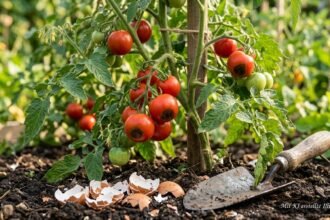Zerstoßene Eierschalen neben Tomatenpflanzen als Hausmittel gegen Blütenendfäule