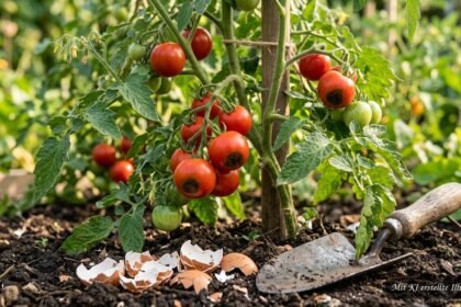 Zerstoßene Eierschalen neben Tomatenpflanzen als Hausmittel gegen Blütenendfäule