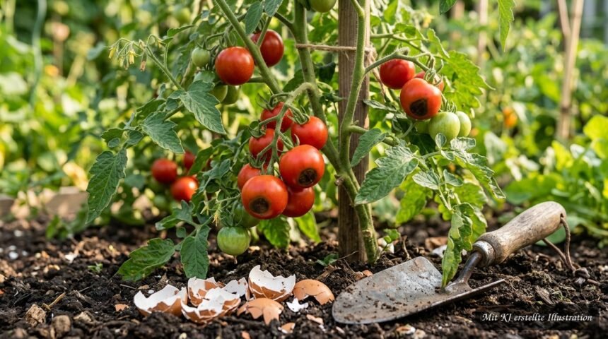 Zerstoßene Eierschalen neben Tomatenpflanzen als Hausmittel gegen Blütenendfäule
