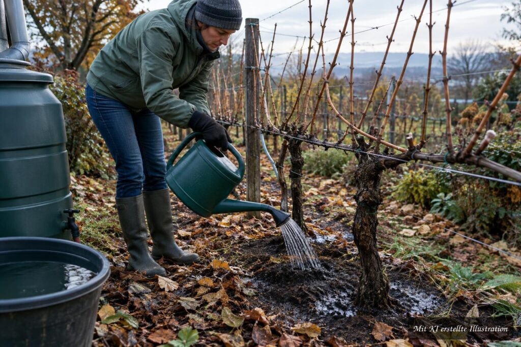 Weinreben werden vor dem ersten Frost kräftig gewässert, damit der Boden ausreichend Feuchtigkeit speichert.