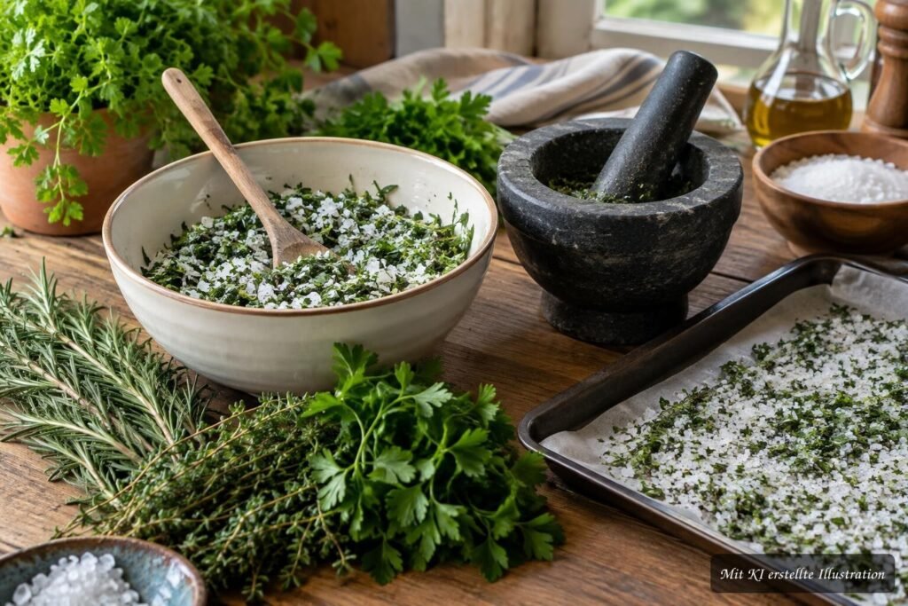 Kräutersalz selber machen – so konservierst du Gartenkräuter besonders einfach Selbst gemachtes Kräutersalz mit frischen Gartenkräutern und grobem Meersalz in einer Schüssel