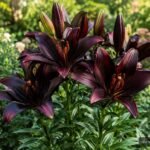 Asiatische Lilie ‘Landini’ mit fast schwarzen Blüten im Gartenbeet