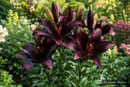 Asiatische Lilie ‘Landini’ mit fast schwarzen Blüten im Gartenbeet