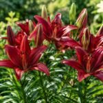 Asiatische Lilie ‘Monte Negro’ mit tiefroten sternförmigen Blüten im Garten