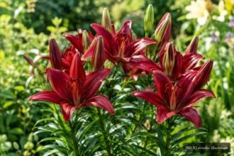 Asiatische Lilie ‘Monte Negro’ mit tiefroten sternförmigen Blüten im Garten