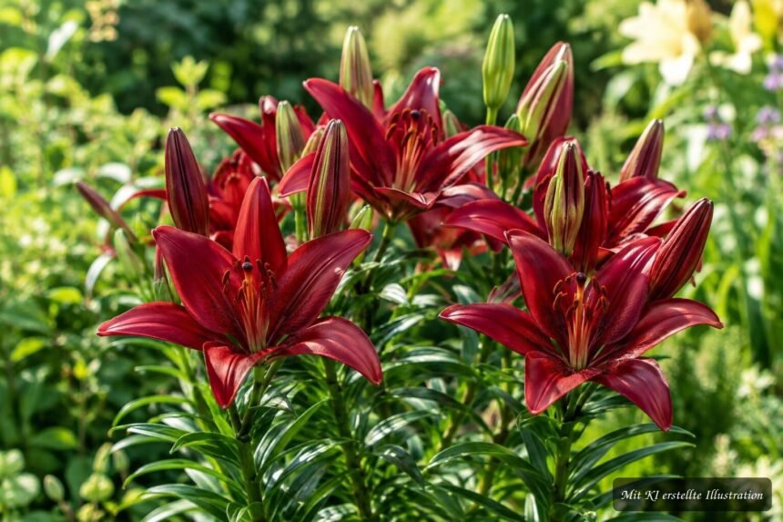 Asiatische Lilie ‘Monte Negro’ mit tiefroten sternförmigen Blüten im Garten
