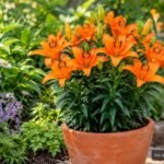 Orangefarbene Asiatische Lilie ‘Orange Pixie’ blüht kompakt im Beet oder Pflanzkübel
